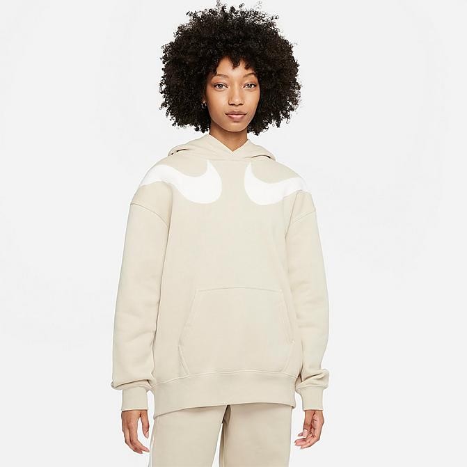 Front view of Women's Nike Sportswear Double Swoosh Oversized Fleece Hoodie in Rattan/Sail/Sail Click to zoom