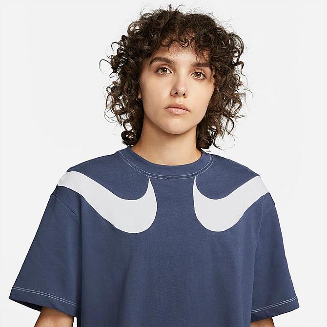 Back Right view of Women's Nike Sportswear Swoosh T-Shirt in Thunder Blue/White/White Click to zoom