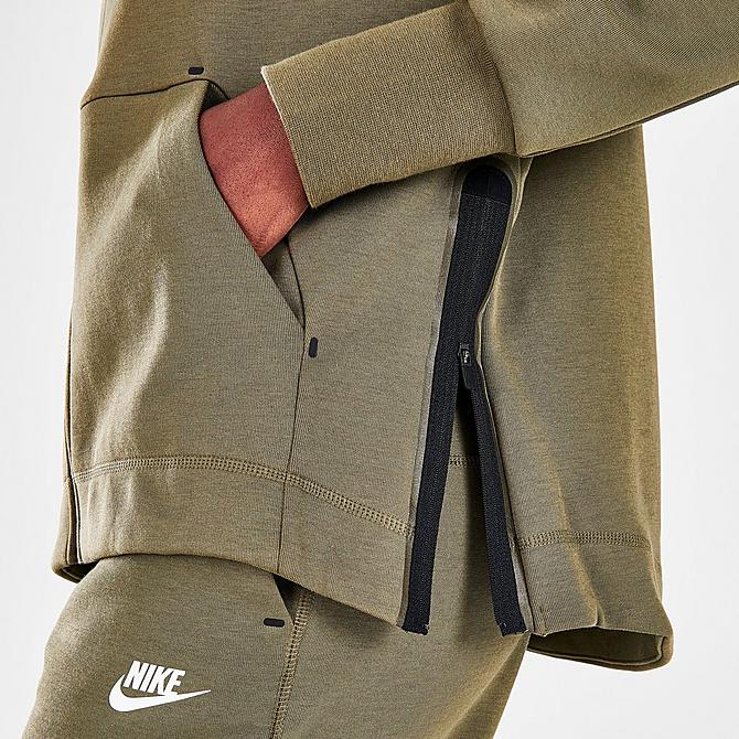 On Model 5 view of Women's Nike Sportswear Side Zipper Tech Fleece Full-Zip Hoodie in Medium Olive/White Click to zoom