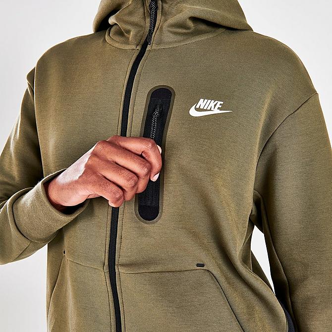 On Model 6 view of Women's Nike Sportswear Side Zipper Tech Fleece Full-Zip Hoodie in Medium Olive/White Click to zoom