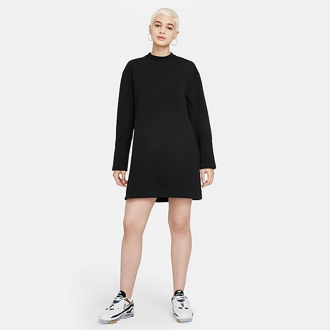 Front view of Women's Nike Sportswear Tech Fleece Long-Sleeve Dress in Black/Black Click to zoom