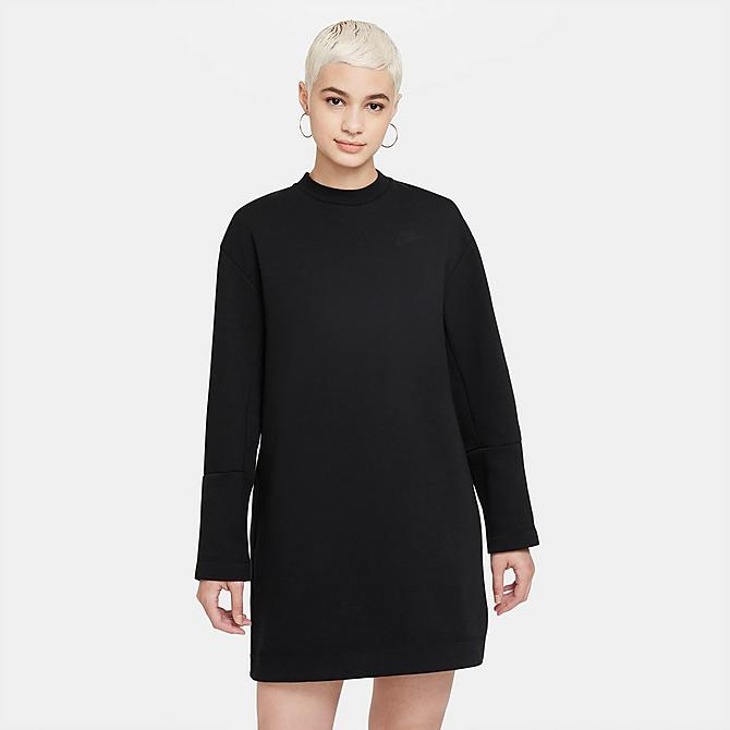 Front Three Quarter view of Women's Nike Sportswear Tech Fleece Long-Sleeve Dress in Black/Black Click to zoom