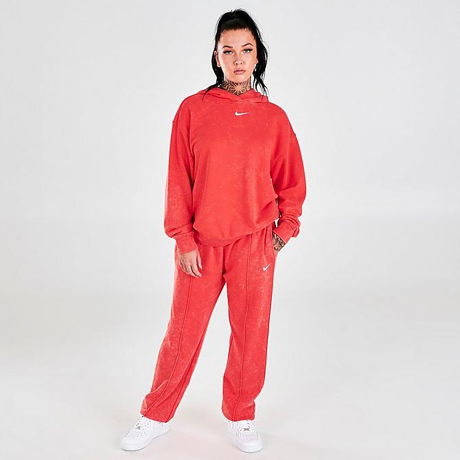 Front Three Quarter view of Women's Nike Sportswear Essential Collection Washed Fleece Jogger Pants in Chile Red/White Click to zoom