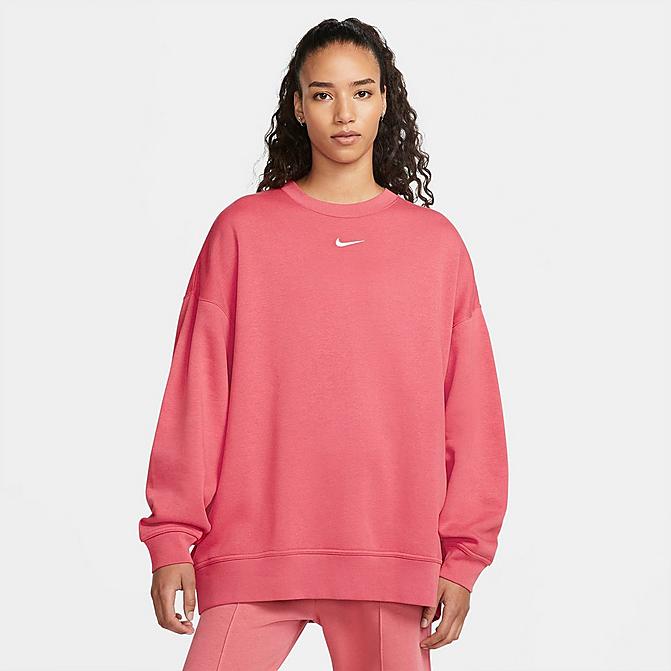 Front view of Women's Nike Sportswear Collection Essentials Over-Oversized Fleece Crewneck Sweatshirt in Archaeo Pink/White Click to zoom