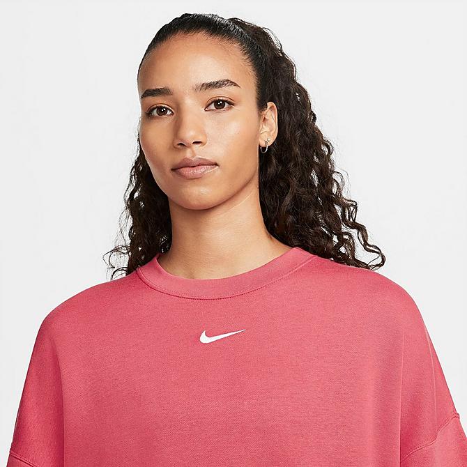 Back Right view of Women's Nike Sportswear Collection Essentials Over-Oversized Fleece Crewneck Sweatshirt in Archaeo Pink/White Click to zoom