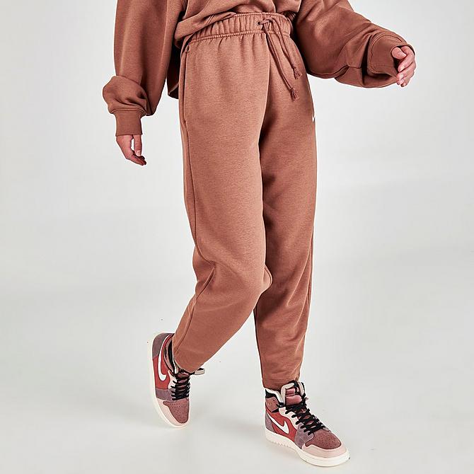 Back Left view of Women's Nike Sportswear Collection Essentials Curve Fleece Jogger Pants in Archaeo Brown/White Click to zoom
