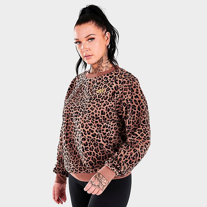 Back Right view of Women's Nike Sportswear Allover Print Fleece Crewneck Sweatshirt in Archaeo Brown Click to zoom