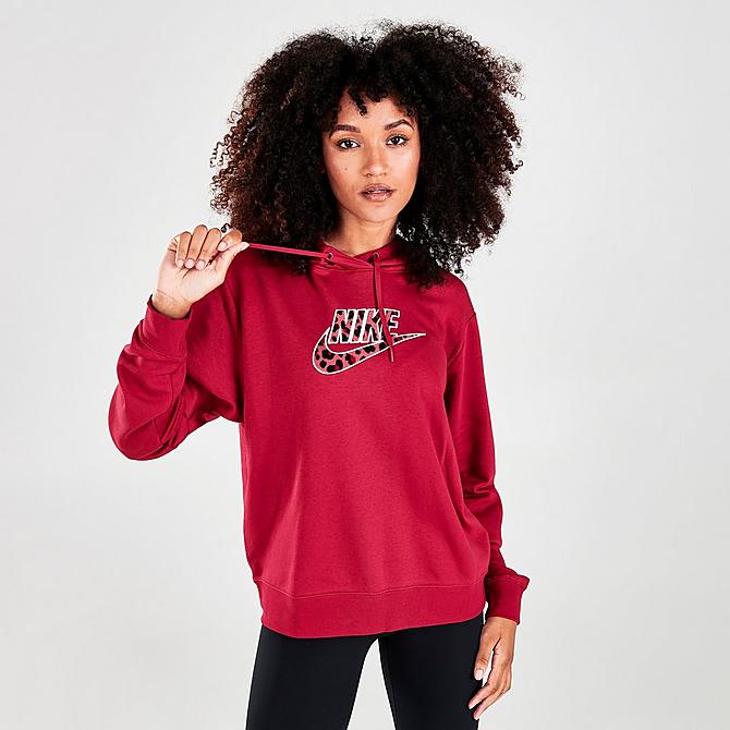 Back Left view of Women's Nike Sportswear Fleece Pullover Hoodie in Pomegranate Click to zoom