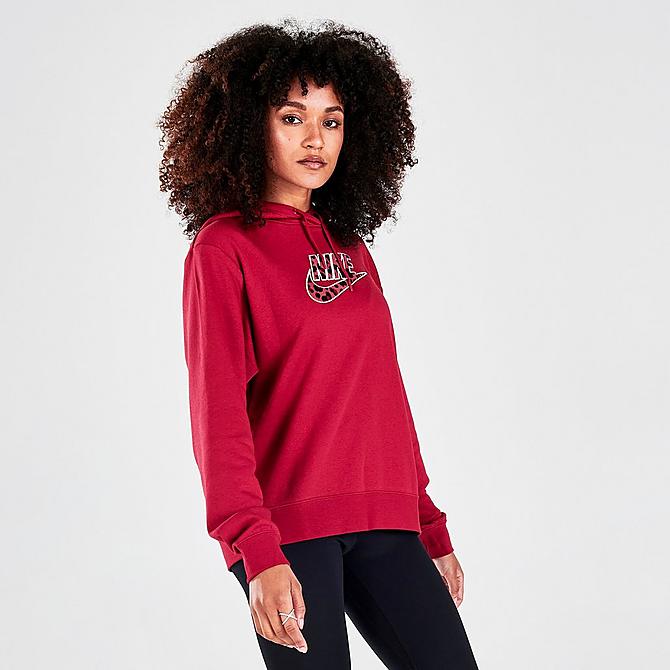 Back Right view of Women's Nike Sportswear Fleece Pullover Hoodie in Pomegranate Click to zoom