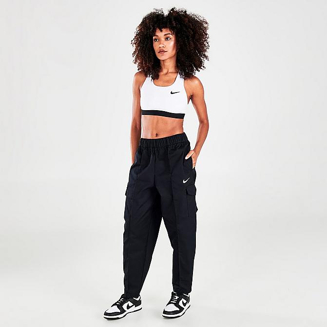 Front view of Women's Nike Sportswear Essentials Curve Woven High-Rise Cargo Pants in Black/White Click to zoom
