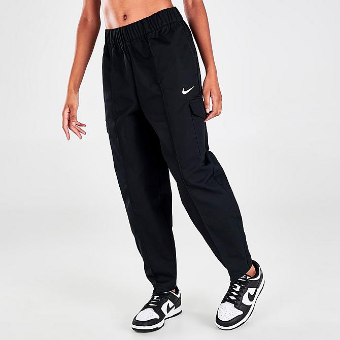 Front Three Quarter view of Women's Nike Sportswear Essentials Curve Woven High-Rise Cargo Pants in Black/White Click to zoom