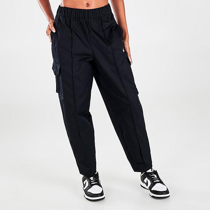 Back Left view of Women's Nike Sportswear Essentials Curve Woven High-Rise Cargo Pants in Black/White Click to zoom