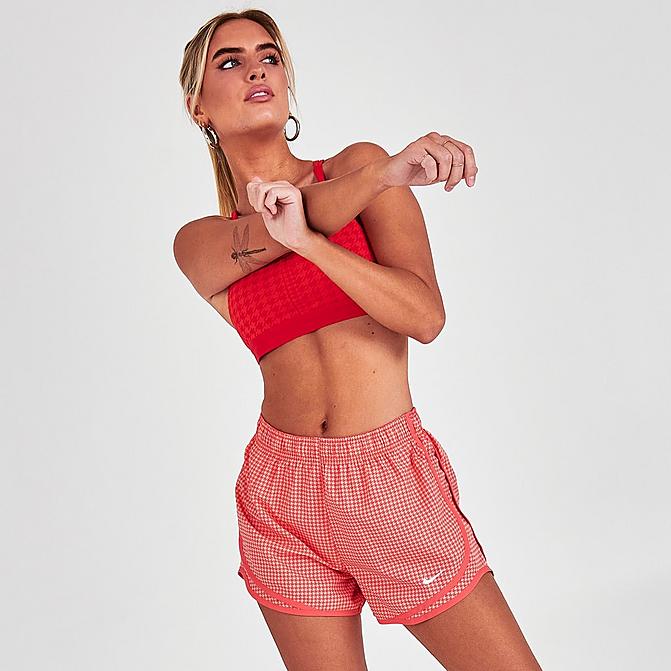 Front view of Women's Nike Dri-FIT Icon Clash Tempo Running Shorts in Magic Ember/Magic Ember/White Click to zoom
