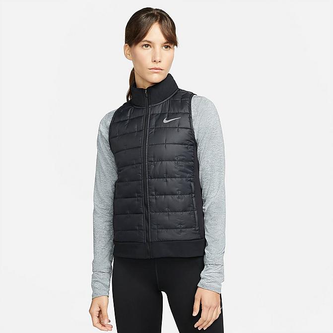 Front view of Women's Nike Therma-FIT Synthetic Fill Full-Zip Vest in Black/Reflective Silver Click to zoom