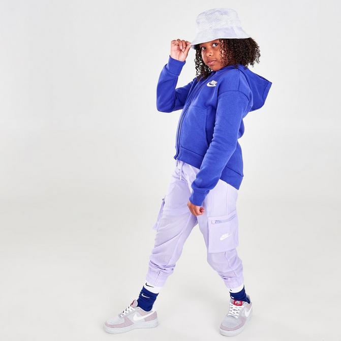 Front view of Girls' Nike Sportswear Woven Cargo Pants in Purple Pulse/White Click to zoom