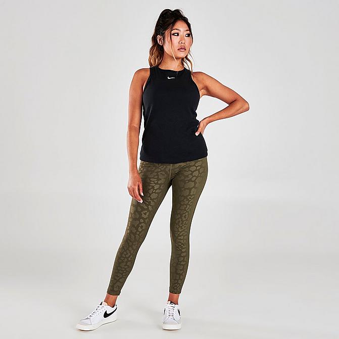 Front view of Women's Nike Pro Dri-FIT High-Waisted Cropped Length Leopard Print Leggings in Medium Olive/Clear Click to zoom