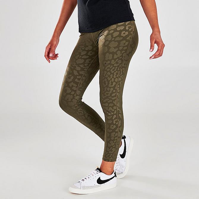 Front Three Quarter view of Women's Nike Pro Dri-FIT High-Waisted Cropped Length Leopard Print Leggings in Medium Olive/Clear Click to zoom