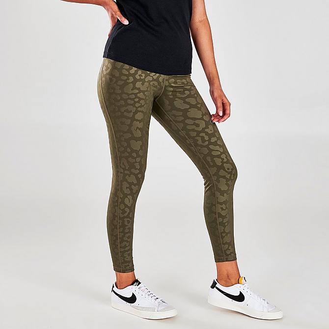 Back Left view of Women's Nike Pro Dri-FIT High-Waisted Cropped Length Leopard Print Leggings in Medium Olive/Clear Click to zoom