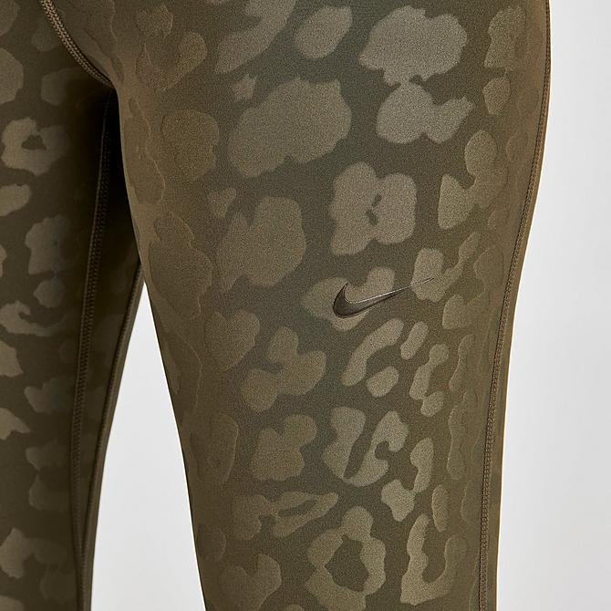 On Model 6 view of Women's Nike Pro Dri-FIT High-Waisted Cropped Length Leopard Print Leggings in Medium Olive/Clear Click to zoom
