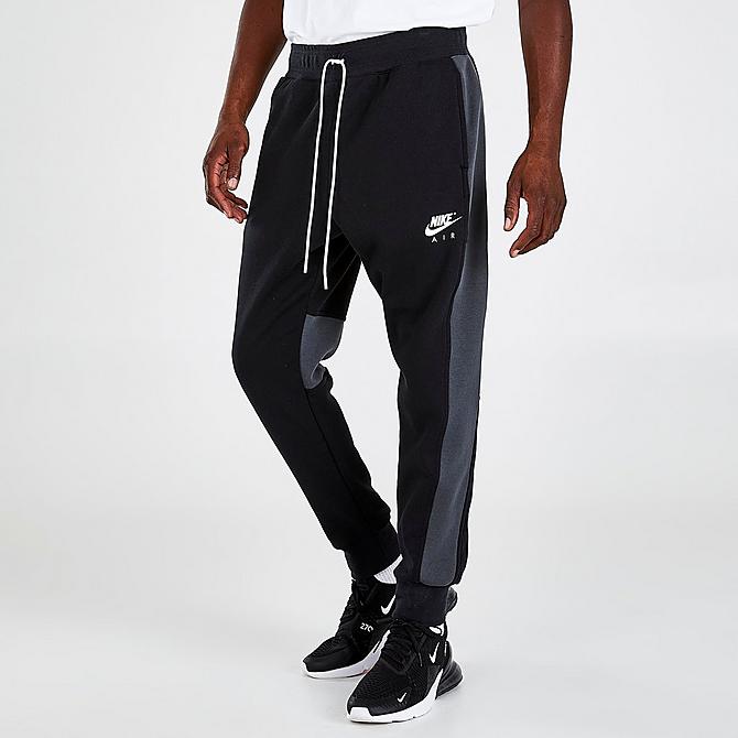 Front Three Quarter view of Men's Nike Air Fleece Jogger Pants in Black/Anthracite/White Click to zoom