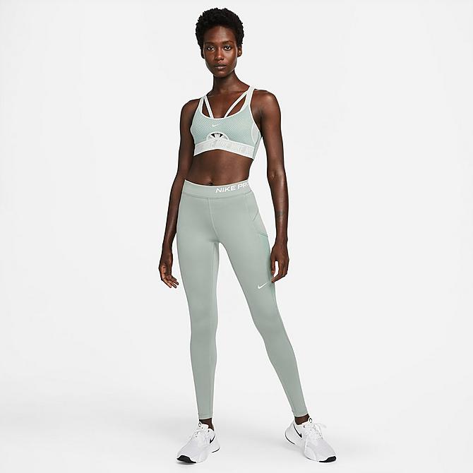Back Left view of Women's Nike Pro Therma-FIT Mid-Rise Pocket Leggings in Jade Smoke/White Click to zoom