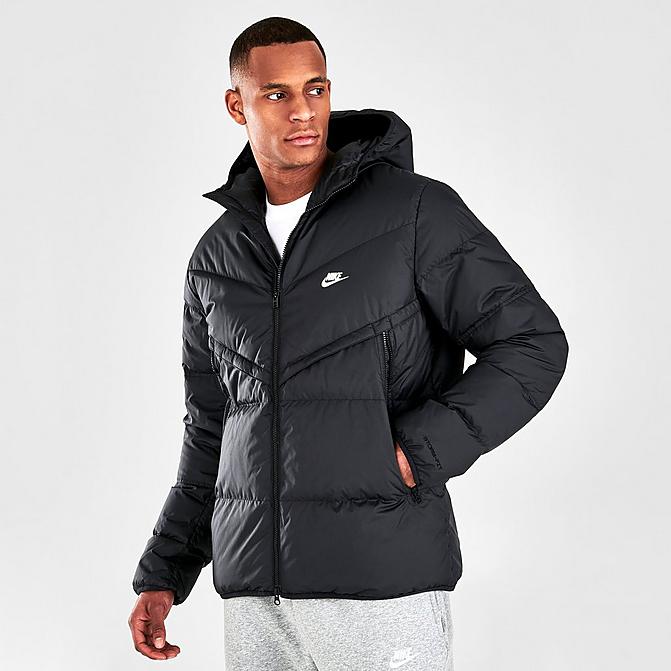Front view of Men's Nike Sportswear Storm-FIT Windrunner Zip-Up Down Jacket in Black/Black/Black/Sail Click to zoom