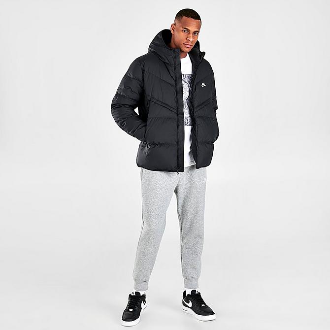 Front Three Quarter view of Men's Nike Sportswear Storm-FIT Windrunner Zip-Up Down Jacket in Black/Black/Black/Sail Click to zoom