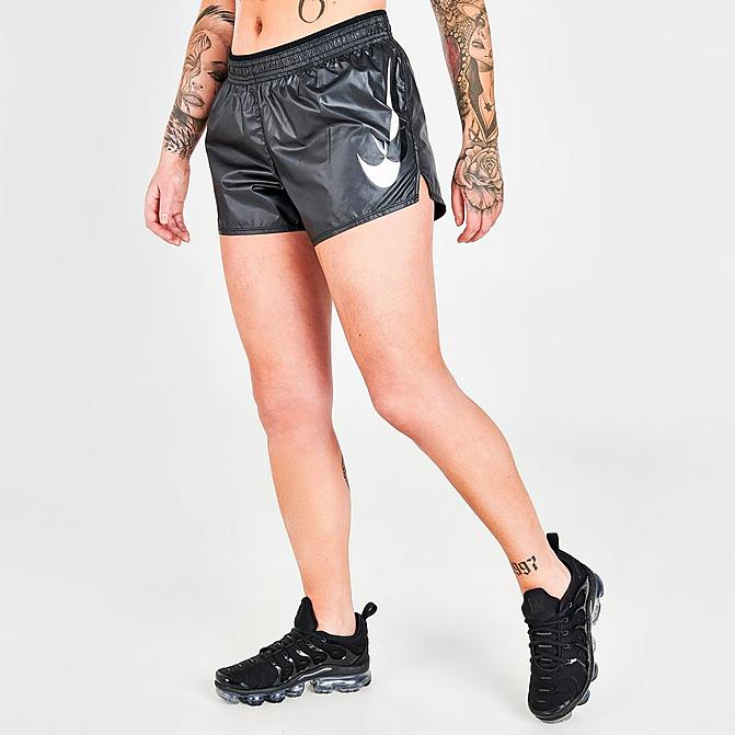 Front view of Women's Nike Dri-FIT Swoosh Run Running Shorts in Black/White Click to zoom