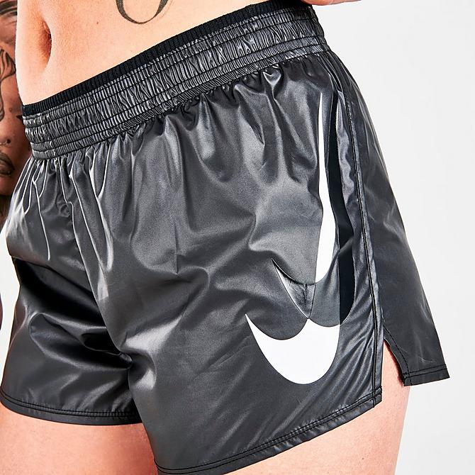 On Model 5 view of Women's Nike Dri-FIT Swoosh Run Running Shorts in Black/White Click to zoom
