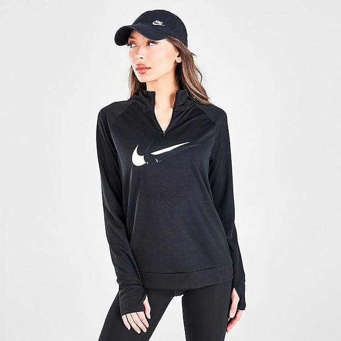 Front view of Women's Nike Dri-FIT Swoosh Run Quarter-Zip Running Top in Black/Off Noir/Reflective Silver/White Click to zoom