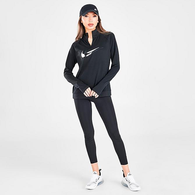Front Three Quarter view of Women's Nike Dri-FIT Swoosh Run Quarter-Zip Running Top in Black/Off Noir/Reflective Silver/White Click to zoom