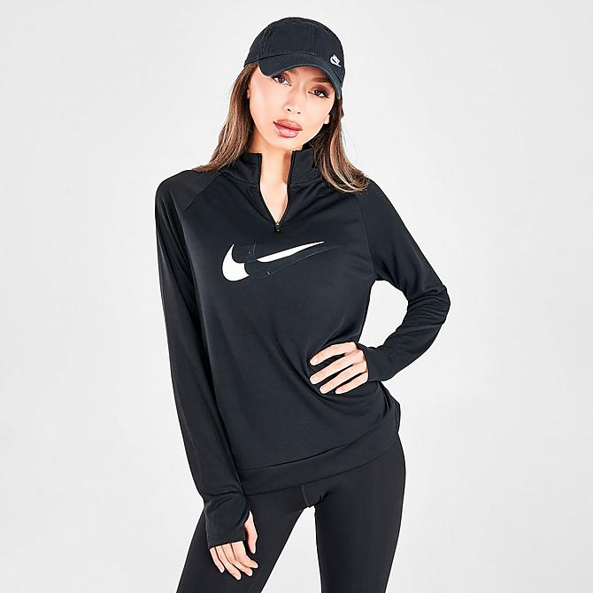 Back Left view of Women's Nike Dri-FIT Swoosh Run Quarter-Zip Running Top in Black/Off Noir/Reflective Silver/White Click to zoom