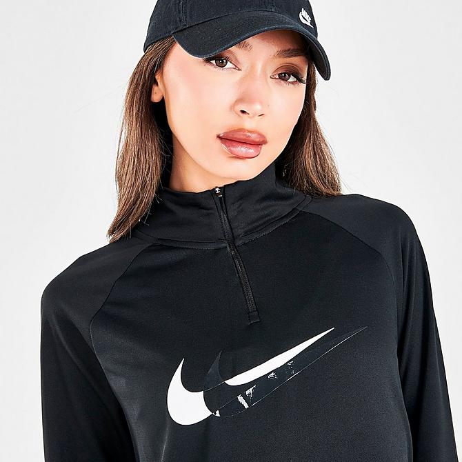 On Model 5 view of Women's Nike Dri-FIT Swoosh Run Quarter-Zip Running Top in Black/Off Noir/Reflective Silver/White Click to zoom