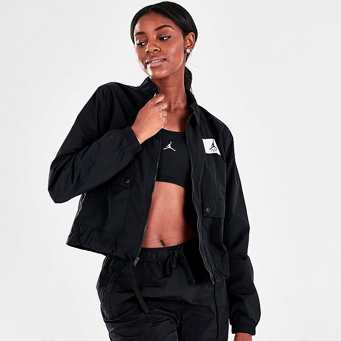 Front view of Women's Jordan Essentials Woven Jacket in Black/Black Click to zoom