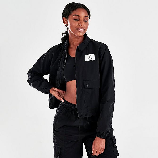 Back Left view of Women's Jordan Essentials Woven Jacket in Black/Black Click to zoom