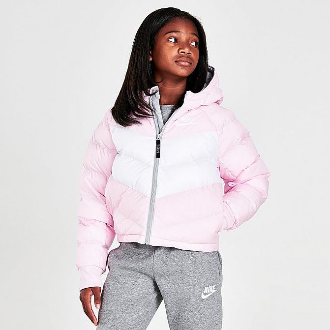 Front view of Girls' Nike Sportswear Chevron Puffer Jacket in Pink Foam/White/Light Smoke Grey/White Click to zoom