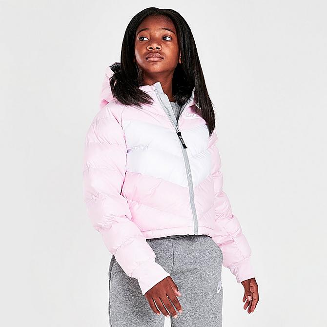 Back Left view of Girls' Nike Sportswear Chevron Puffer Jacket in Pink Foam/White/Light Smoke Grey/White Click to zoom