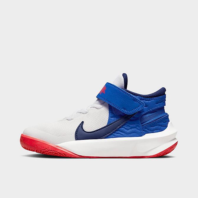 Right view of Little Kids' Nike Team Hustle D 10 FlyEase Basketball Shoes in Summit White/Midnight Navy/Game Royal/Bright Crimson Click to zoom