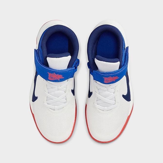 Back view of Little Kids' Nike Team Hustle D 10 FlyEase Basketball Shoes in Summit White/Midnight Navy/Game Royal/Bright Crimson Click to zoom
