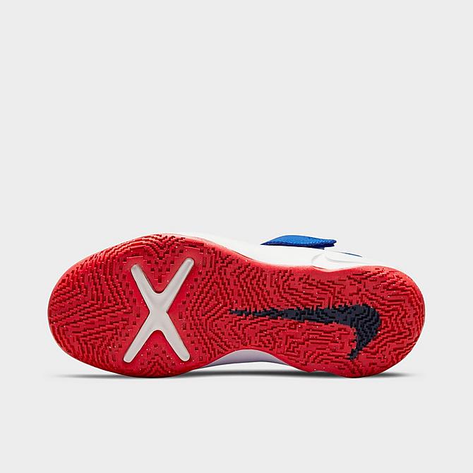 Bottom view of Little Kids' Nike Team Hustle D 10 FlyEase Basketball Shoes in Summit White/Midnight Navy/Game Royal/Bright Crimson Click to zoom