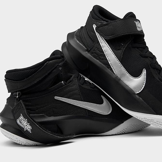 Front view of Big Kids' Nike Team Hustle D 10 FlyEase Basketball Shoes in Black/Volt/White/Metallic Silver Click to zoom