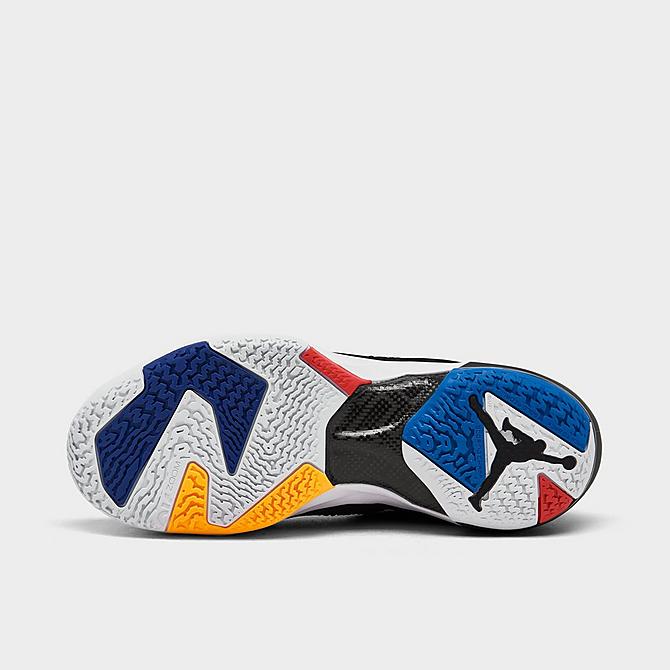Bottom view of Big Kids' Air Jordan 37 Basketball Shoes in Black/White/University Red/Bright Concord Click to zoom