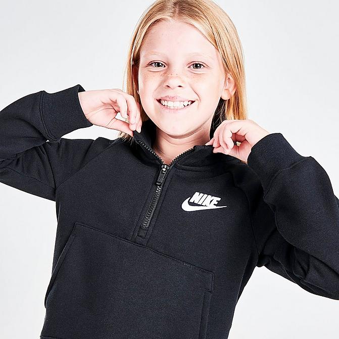 Front view of Girls' Nike Sportswear Club Fleece Half-Zip Pullover Sweatshirt in Black/White Click to zoom