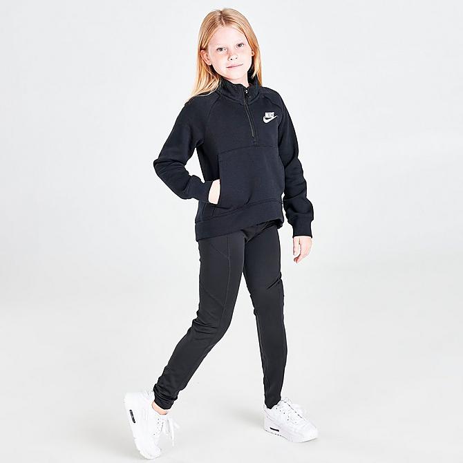 Front Three Quarter view of Girls' Nike Sportswear Club Fleece Half-Zip Pullover Sweatshirt in Black/White Click to zoom