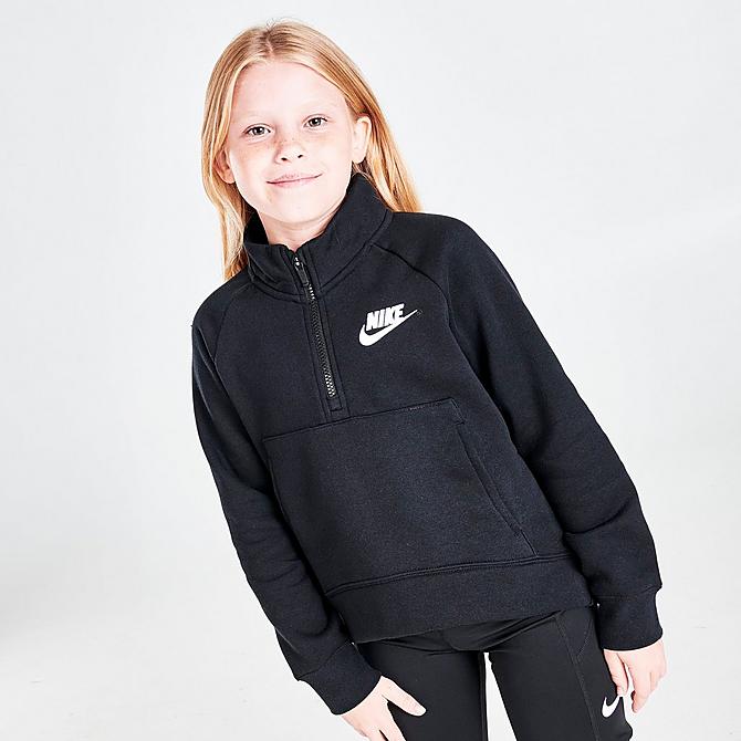 Back Left view of Girls' Nike Sportswear Club Fleece Half-Zip Pullover Sweatshirt in Black/White Click to zoom