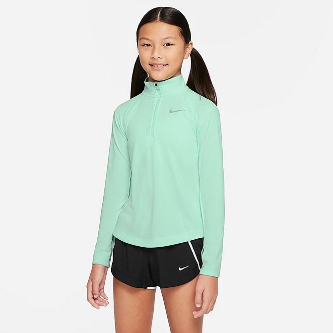 Front view of Girls' Nike Dri-FIT Long-Sleeve Half-Zip Running Top in Mint Foam Click to zoom