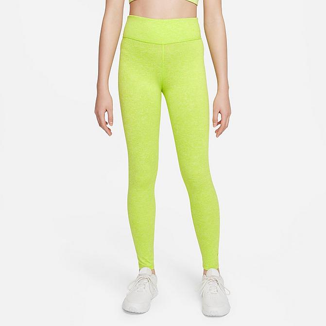 Front view of Girls' Nike Dri-FIT One Luxe High-Waisted Leggings in Atomic Green/Heather Click to zoom