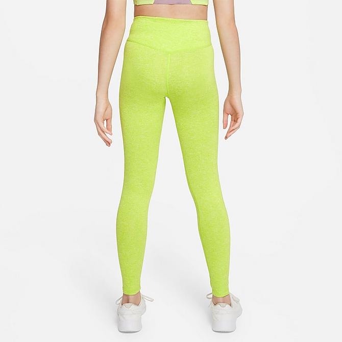 Front Three Quarter view of Girls' Nike Dri-FIT One Luxe High-Waisted Leggings in Atomic Green/Heather Click to zoom