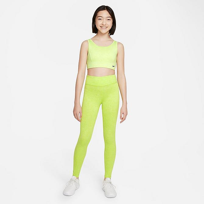 Back Left view of Girls' Nike Dri-FIT One Luxe High-Waisted Leggings in Atomic Green/Heather Click to zoom