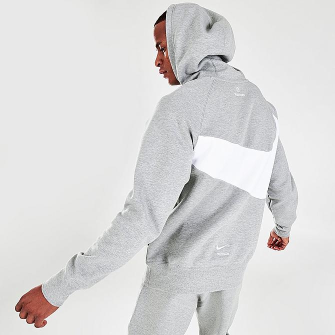 Back Right view of Men's Nike Sportswear Swoosh Logo Tech Fleece Pullover Hoodie in Dark Grey Heather/White/White Click to zoom
